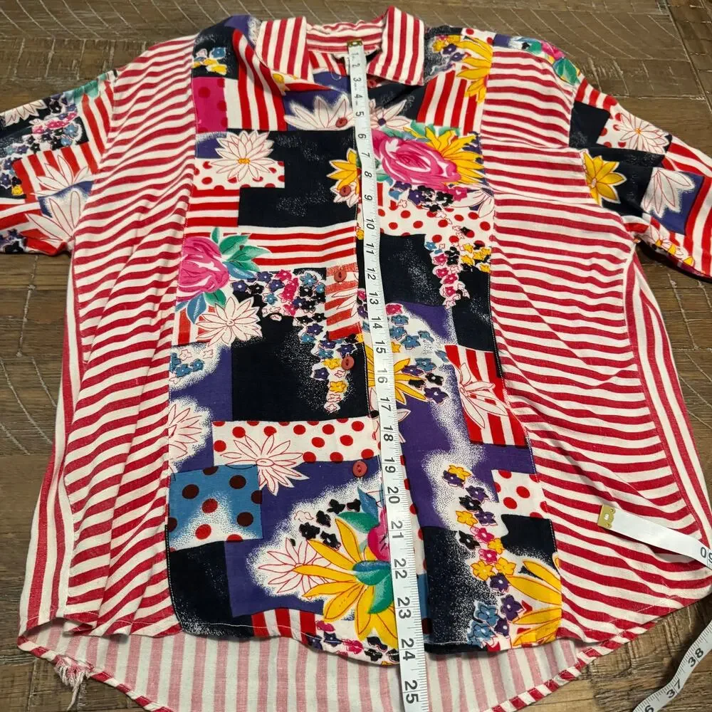 Vintage Afterall Womens L 2 Piece Set Mixed Print Blouse Shorts Outfit 90s Flaw